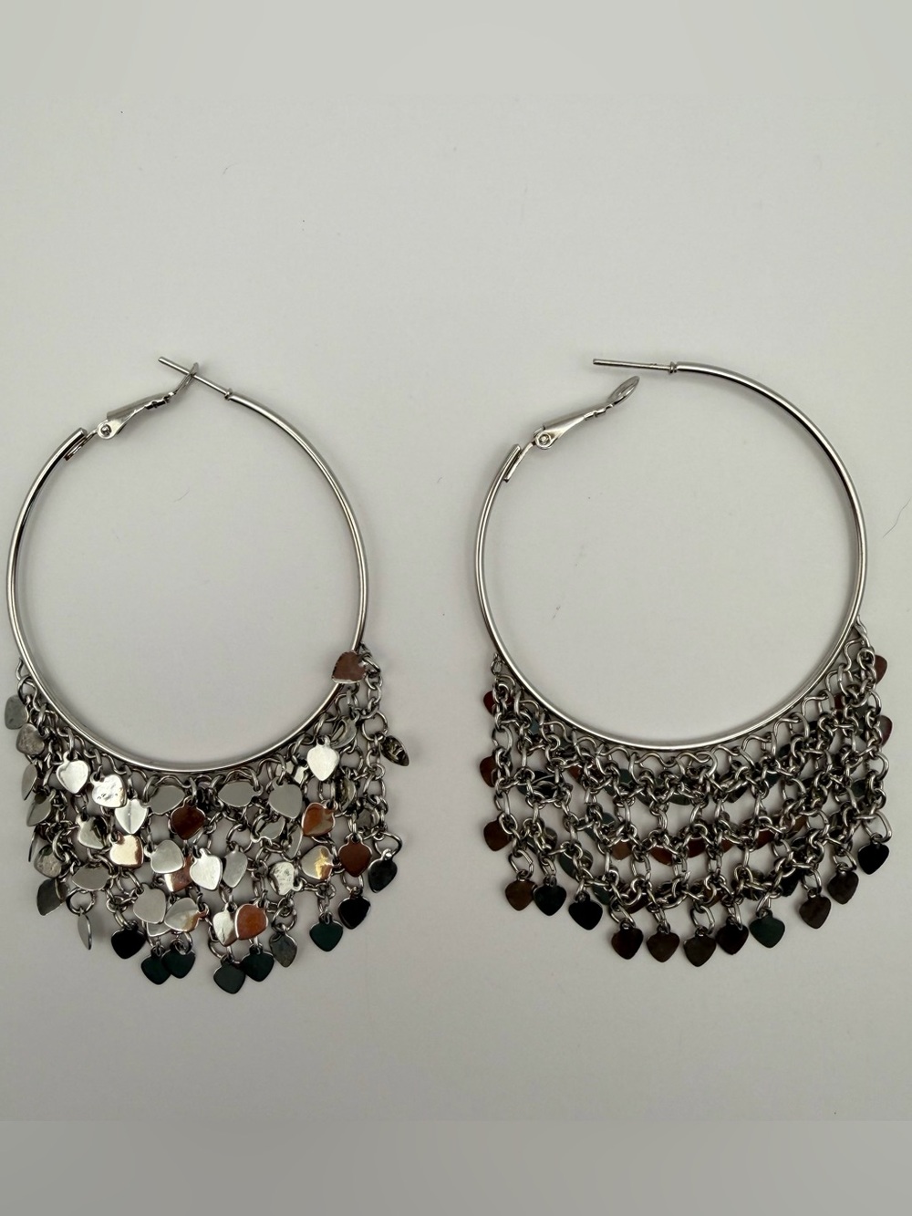 Vintage BAKERS Silver Tone Oversized Hoop Earrings Heart Dangle Fringe NOS